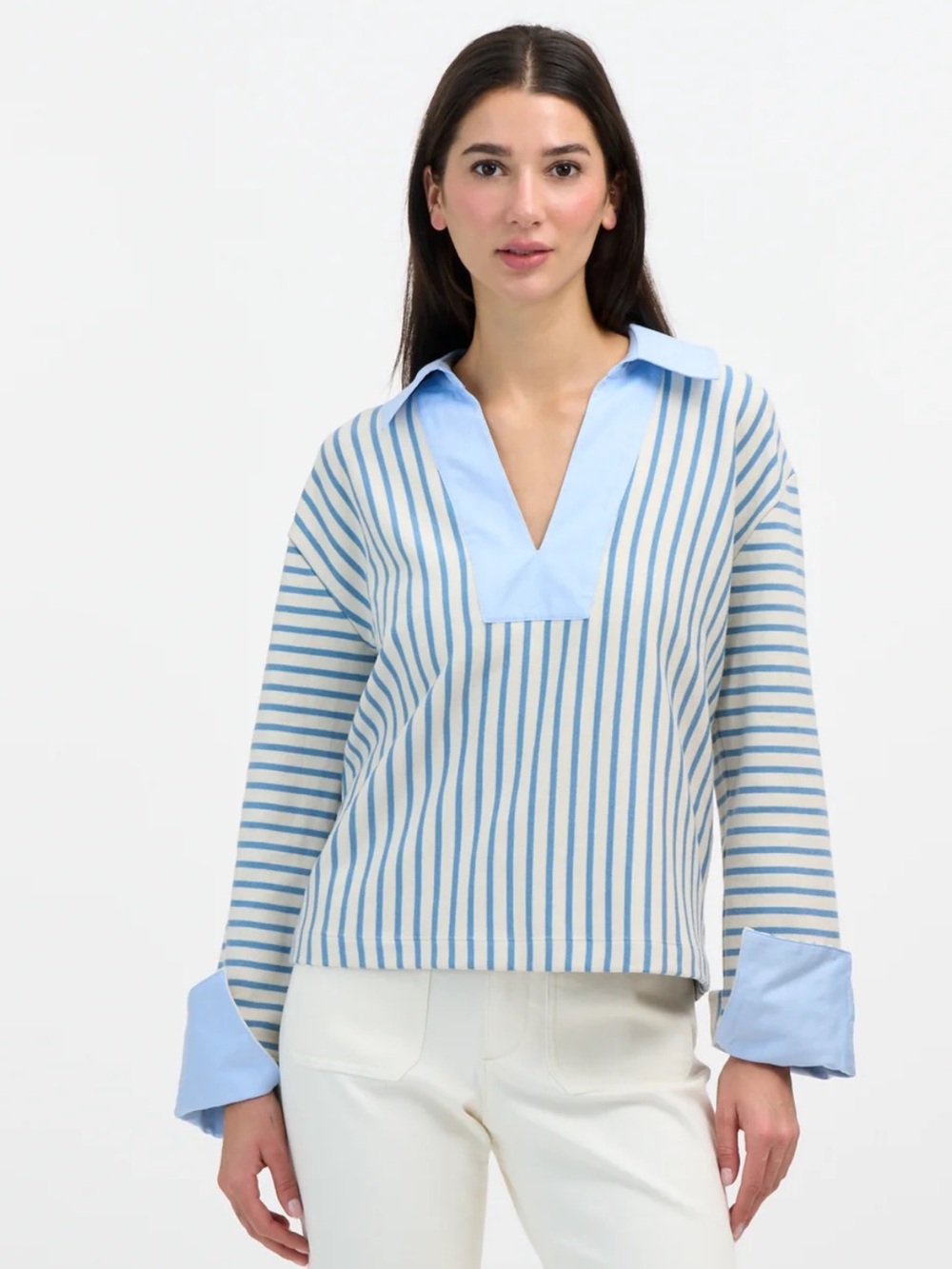 Tanya Taylor Light Blue Striped V-Neck Poplin-Trim Tunic